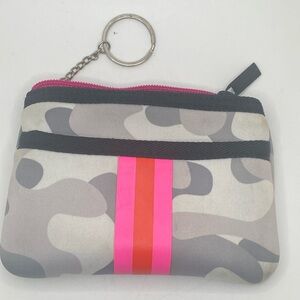 Haute Shore gray camo with pink & orange stripe  wallet with attached Key ring